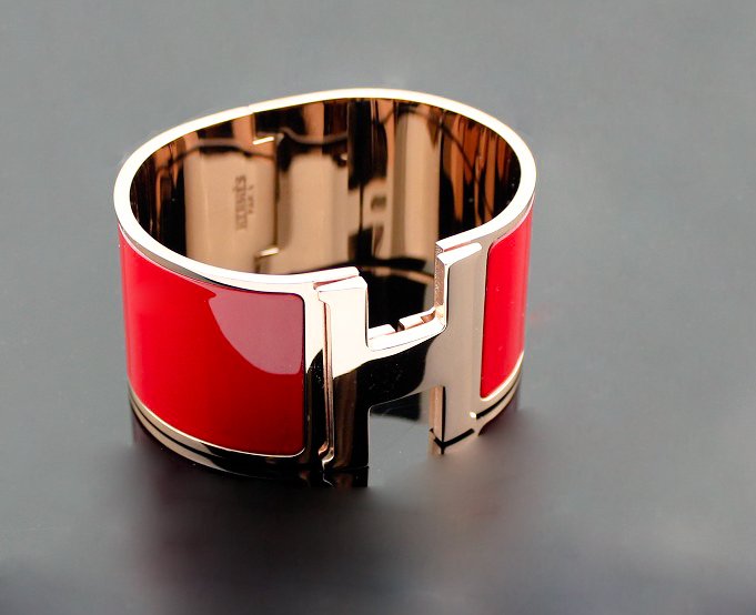 Hermes Clic-Clac H Bracelet Red Enamel & 18kt Pink Gold,Wide